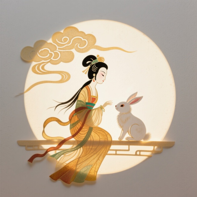 上美风格：嫦娥和白兔坐在月亮上，白色背景，背后有云彩，完整展示预览效果