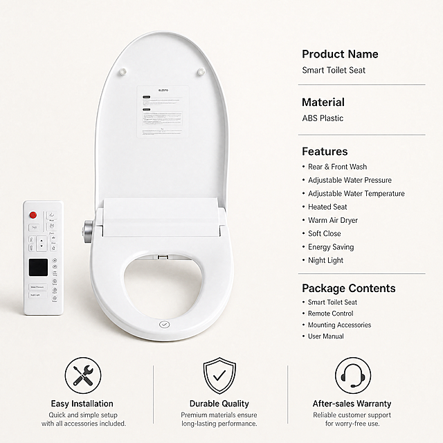 [Main Image 5] Complete product and specification display. 
[Atmosphere Style] Cozy homey healing style, clean minimalist warm atmosphere. 
[Image Quality] Commercial photography texture, soft and transparent light, clear and realistic product, clean and high-end picture. All English text, compliant with Amazon cross-border platform specifications. 
[Elements] Keep the smart toilet seat and remote control appearance consistent with the input image. A clean light background, the whole set of products (smart toilet seat + remote control) placed in the center of the picture, the right side lists the core product parameters in a simple table: Product Name, Material, Features, Package Contents. The bottom displays 3 core advantage labels: Easy Installation, Durable Quality, After-sales Warranty. The product accounts for about 70% of the picture, the overall layout is balanced and not crowded. 
[Lighting] Soft bright overall light, uniform illumination, clear product and text. 
[Color Matching] Main color clean white, parameter text uses dark gray, clear hierarchy, comfortable visual. 
[Perspective Composition] Frontal full display, flat lay, complete product presentation. 
[Proportion Resolution] 1:1 ratio, 4K resolution, ultra high definition. 
[Negative Prompt] Deformed, watermark, text confusion, blurred product image, messy background.