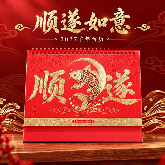 顺遂锦鲤款红色台历单张产品主图，高端新年礼品风格。
[统一基调] 淘宝/天猫1:1主图，中国红喜庆风格，高端烫金质感，主色正红色+烫金色，专业品质感。
[画面] 画面中央展示顺遂锦鲤款红色台历，台历正面完整朝向观众，略微仰视角度，主体占画面65%。台历为红色封面，金色烫金"顺遂"大字与锦鲤跃水浮雕图案，锦鲤鳞片清晰灵动，水花与月牙造型精美，红色线圈装订，红色底座。背景为渐变深红色+隐约祥云水纹，底部有木质台面承托，左右两侧有金色水波纹装饰元素点缀。
[光影质感] 商业摄影质感，柔和顶光+侧光，突出金色锦鲤的浮雕质感和金属光泽，鱼鳞细节清晰，红色封面色彩饱和纯正，台历边缘清晰有厚度，底部有自然接触阴影。
[配色] 主色正红色，点缀烫金色，背景深红渐变。
[文字版式] 画面上方烫金色书法字标题"顺遂如意"，下方金色小字"2027羊年台历"，文字放在上下负空间，不遮挡台历主体。
[输出要求] 1:1正方形，2K分辨率，台历清晰完整，烫金质感真实。禁止变形、错字、模糊、水印、平台Logo。