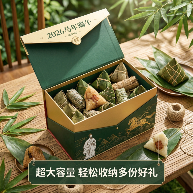 [主图 4] 核心卖点：大容量展示
[氛围风格] 田园治愈风，自然清新，端午氛围
[画面元素] 商业摄影质感，光线柔和通透，产品清晰真实，画面干净高级。打开礼盒平放，展示内部超大容量空间，礼盒外观和参预览效果