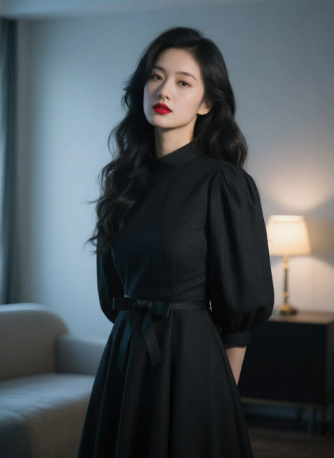 一位穿着黑色露肩长裙的女性，乌黑长卷发自然垂落，红唇妆容精致，背景为室内环境，柔和的灯光从左侧台灯散发，营造出优雅静谧的氛围，画面整体色调偏冷，细节清晰，质感细腻预览效果