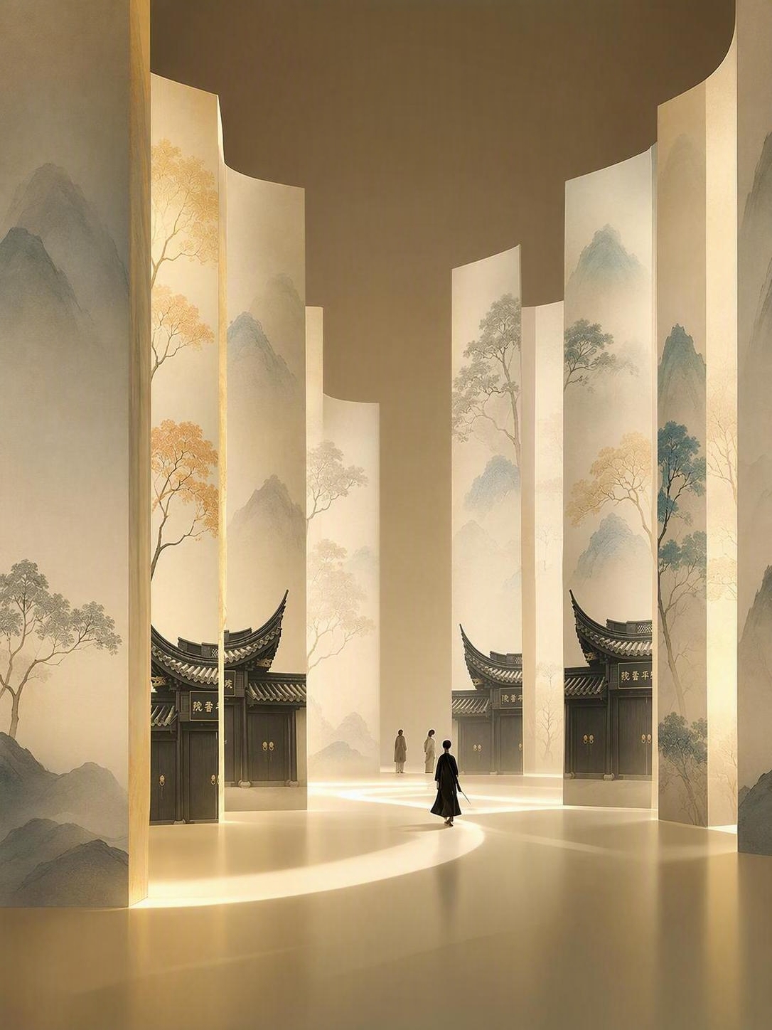 将图中屏风上的中式古建筑替换为第二张图中的黑色飞檐翘角中式门楼… - 图片创意预览