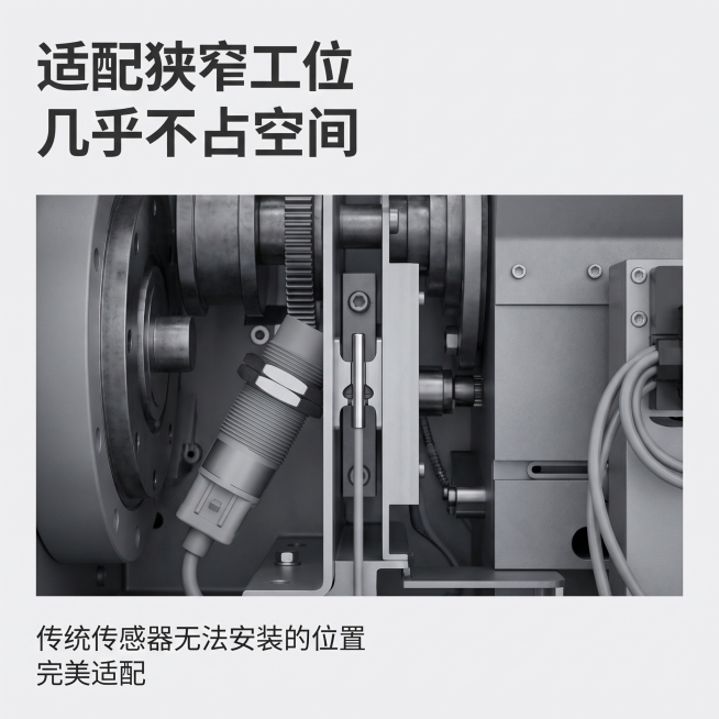 [主图-4] 狭窄工位适配场景展示
[氛围风格] 工业应用场景，专业实用
[画质] 高清工业场景摄影，产品清晰，场景真实
[元素] 展示电感式D3传感器安装在狭窄工业工位场景中，产品安装到位，完美适配预览效果