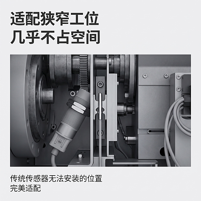 [主图-4] 狭窄工位适配场景展示
[氛围风格] 工业应用场景，专业实用
[画质] 高清工业场景摄影，产品清晰，场景真实
[元素] 展示电感式D3传感器安装在狭窄工业工位场景中，产品安装到位，完美适配狭窄空间，对比显示传统传感器无法安装，本产品完美适配的优势。产品保持外观与原图一致，安装细节清晰。背景为真实工业机械设备内部狭窄间隙场景
[光影] 工位场景内部照明均匀，突出传感器安装位置和微型体积，无死黑阴影
[配色] 主色调工业机械灰，搭配产品金属银，文字为深灰色，保持专业工业感
[视角构图] 平视场景视角，产品安装位置为视觉中心，完整展示适配效果
[文字版式] 顶部大标题"适配狭窄工位 几乎不占空间"，粗体深灰大字。底部增加说明短句"传统传感器无法安装的位置 完美适配"，小号文字左对齐。文字不遮挡产品安装主体。
[比例分辨率] 1:1比例，2k分辨率，文字清晰可辨，超高清
[负向提示词] 变形，水印，文字错乱，场景失真，产品变形，整体杂乱