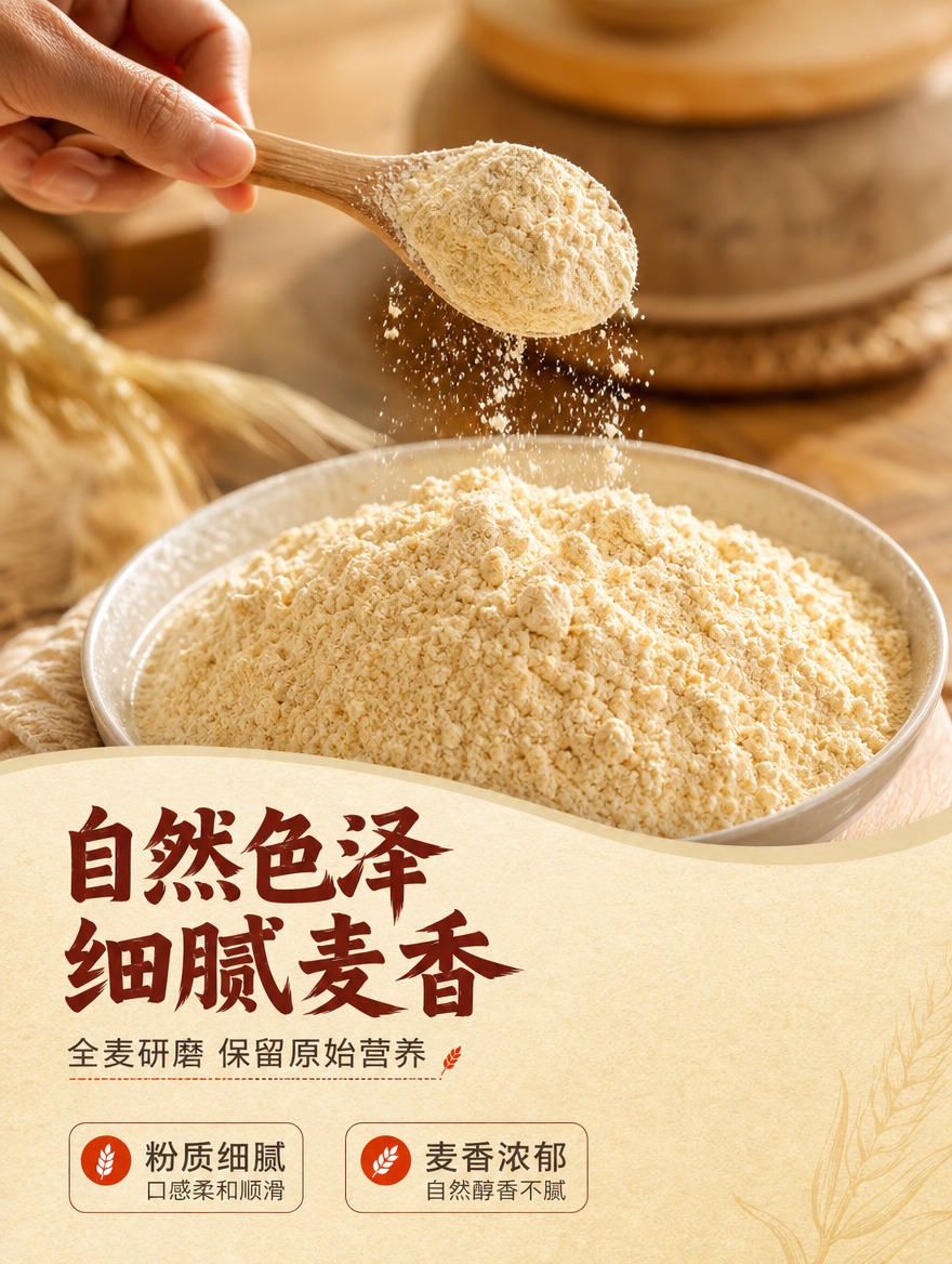 [画面] 目标：质地动作页，面粉粉质微距特写 + 手部舀粉动作… - 图片创意预览