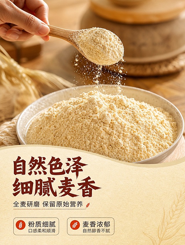 [画面] 目标：质地动作页，面粉粉质微距特写 + 手部舀粉动作，展示细腻自然色泽。版式：上半部分手部用木勺舀起面粉，面粉自然洒落的动态瞬间；下半部分一大碗细腻面粉的微距特写，能看到面粉自然的微黄色泽和细腻质感。≥3层视觉层次（手部+勺、碗中面粉、背景虚化台面）。
[视觉] 套系策略：风格=国内粮油食品家常烟火气商业摄影；标题字=粗黑体带轻微书法笔锋；正文字=简洁无衬线体；主色=暖麦黄+米白；背景延展=基于暖麦黄做深浅层级、同色渐变和细腻面粉/纸张质感；强调色=砖红色，仅用于小面积图标、引线和标签；标题色=深棕红；正文色=深暖灰；组件=圆角浅底信息卡、细线引线、麦穗图标；光影=侧上方暖柔光，突出面粉颗粒质感。
[文字] 左下主标题「自然色泽 细腻麦香」，副标题「全麦研磨 保留原始营养」，2个短句卖点：粉质细腻、麦香浓郁。所有文字横向排版。
[规格] 图片比例3:4竖版，4K分辨率，负向提示：避免出现产品包装袋、变形、错字、文字过小、面粉颜色过白失真、冷蓝调、虚假宣传。