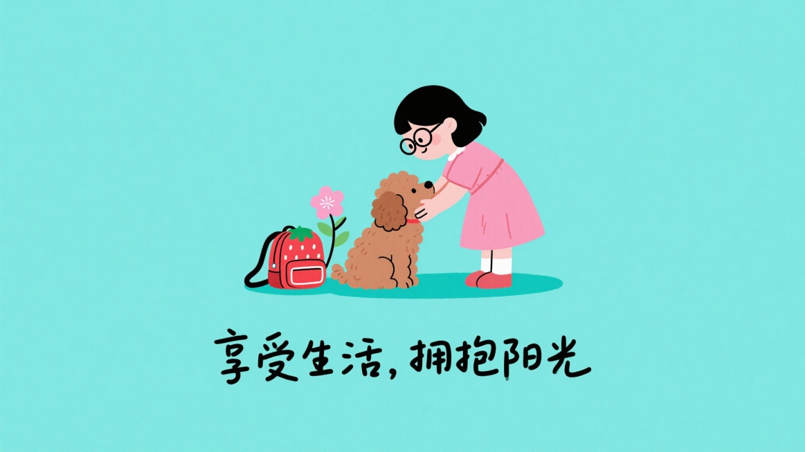 简洁扁平风格插画，以清新蓝绿色为背景，画面中央是一位戴着圆框眼镜、穿着粉色连衣裙的女孩，她正弯腰温柔地抚摸一只棕色的卷毛小狗，小狗旁边放着一个红色的草莓形状书包，书包旁有一朵盛开的粉色樱花，整体构图采用居中对称布局，画面下方配有黑色手写体文案“享受生活，拥抱阳光”，线条简洁流畅，色彩明快柔和，整体氛围轻松愉悦，充满治愈感。预览效果
