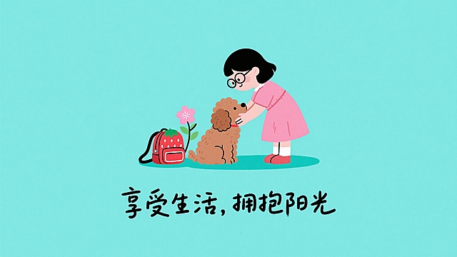 简洁扁平风格插画，以清新蓝绿色为背景，画面中央是一位戴着圆框眼镜、穿着粉色连衣裙的女孩，她正弯腰温柔地抚摸一只棕色的卷毛小狗，小狗旁边放着一个红色的草莓形状书包，书包旁有一朵盛开的粉色樱花，整体构图采用居中对称布局，画面下方配有黑色手写体文案“享受生活，拥抱阳光”，线条简洁流畅，色彩明快柔和，整体氛围轻松愉悦，充满治愈感。