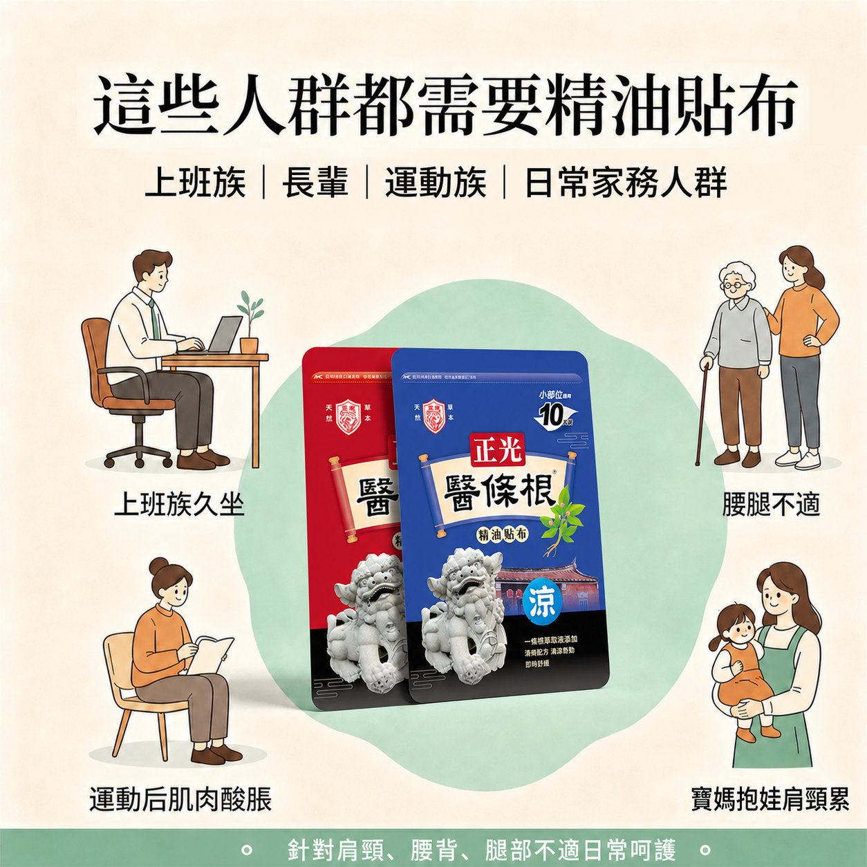 将图1中间绿色图形中央的正光劲丝膏贴布产品，替换为图2中的正光… - 图片创意预览
