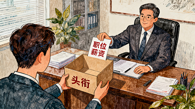 隐喻插画，展示企业里老板坐在办公桌前，把印着职位、薪资、头衔的空盒子递给下属，盒子内部空空如也，象征没有下放真正的权力，理性知道该放权但行为做不到的假放权模式，简约手绘风格，适合微信公众号文章插图