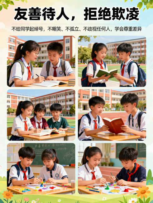 校园防欺凌宣传海报，明亮温暖风格，顶端标题为“友善待人，拒绝欺凌”，下方配文“不给同学起绰号，不嘲笑、不孤立、不歧视任何人，学会尊重差异”，文字字体统一为清晰易读的黑体，大小协调不遮挡画面，画面主体为预览效果