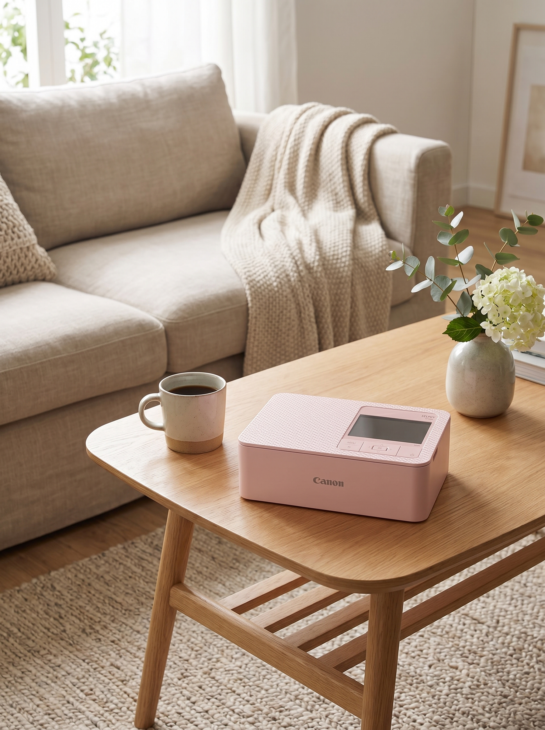 粉色佳能SELPHY CP1500照片打印机放置在北欧风客厅茶… - 图片创意预览