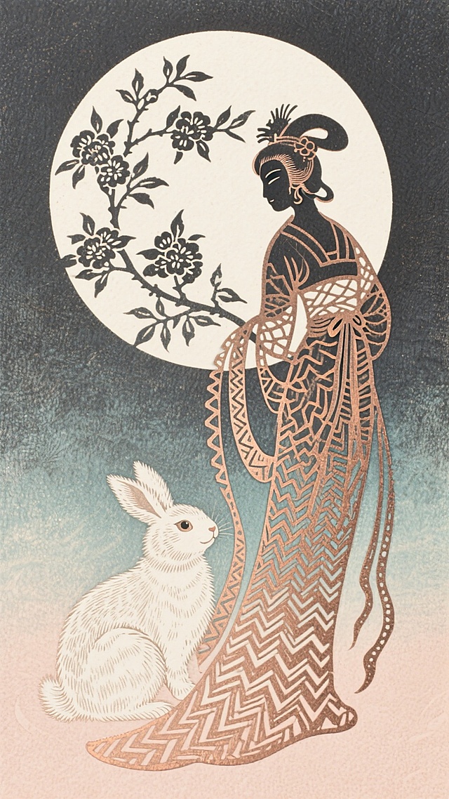古典中式剪影风插画，鎏金线条勾勒嫦娥与玉兔，月华如练，花枝缠绕，静谧梦幻中透出优雅唯美。