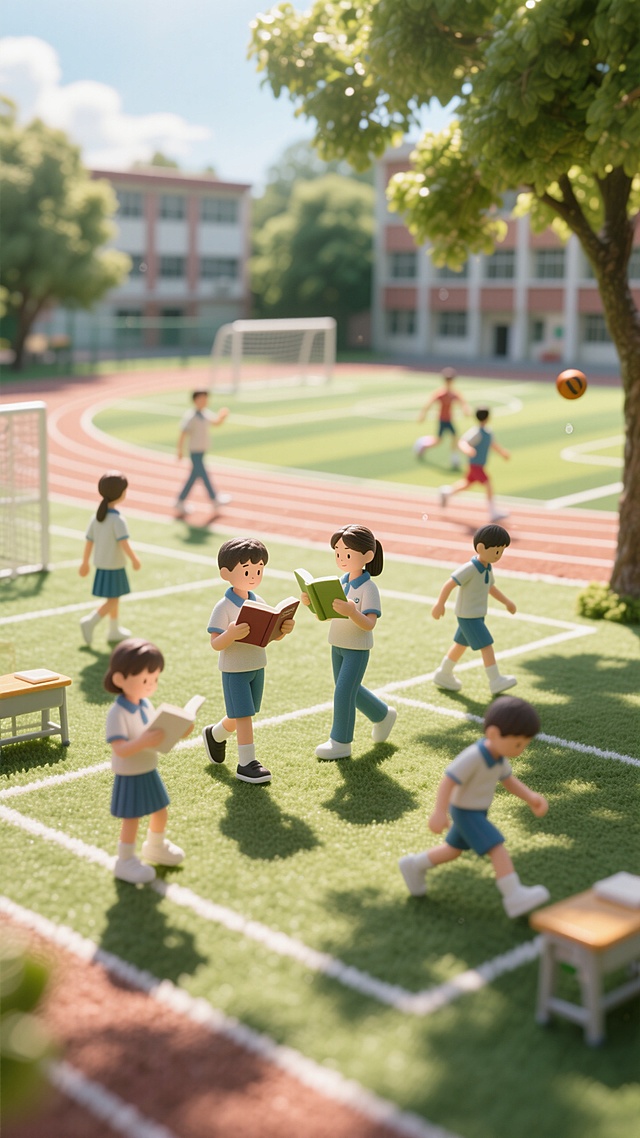 夏日校园感，几个学生小人在操场上读书，散步，运动