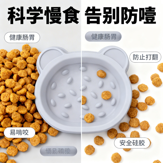 [主图 2] 硅胶宠物慢食碗核心功能卖点展示，产品放置在干净浅灰色背景上，保留原产品浅灰色熊头造型和内部结构。通过对比展示慢食功能，左侧狗粮成堆快速进食，右侧狗粮分散在慢食凸起之间，体现缓慢进食防噎效预览效果