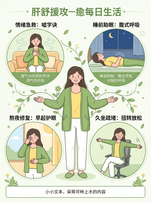 一张公众号文章内页配图，四合一模块化构图，将四个疏肝技巧分别放在四个独立圆形区域，中间以舒展人物串联，突出简单全面覆盖日常的核心信息。主色调为清新嫩绿色和鹅黄色，清新治愈，扁平化插画风格。画面中央是一预览效果
