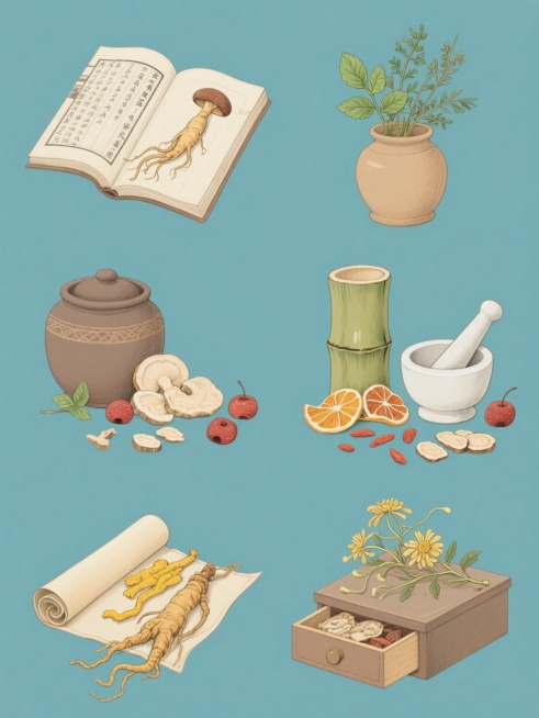 六个不同中药元素的手绘插画系列素材集合，保持复古手绘风格，每个元素均为纯色背景，包含：1. 打开的古籍书页上放置人参和灵芝；2. 陶罐中插着艾草和薄荷枝叶；3. 研钵与研杵旁散落着当归片和枸杞；4. 竹制药罐旁摆放着陈皮和山楂；5. 卷轴旁放置着黄连和黄芩根茎；6. 药柜抽屉前展示着金银花和菊花，所有元素规整排布，线条细腻，色彩古朴，具有一致的手绘质感和中药类目特征。预览效果