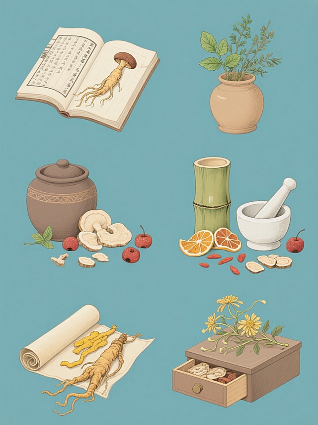 六个不同中药元素的手绘插画系列素材集合，保持复古手绘风格，每个元素均为纯色背景，包含：1. 打开的古籍书页上放置人参和灵芝；2. 陶罐中插着艾草和薄荷枝叶；3. 研钵与研杵旁散落着当归片和枸杞；4. 竹制药罐旁摆放着陈皮和山楂；5. 卷轴旁放置着黄连和黄芩根茎；6. 药柜抽屉前展示着金银花和菊花，所有元素规整排布，线条细腻，色彩古朴，具有一致的手绘质感和中药类目特征。