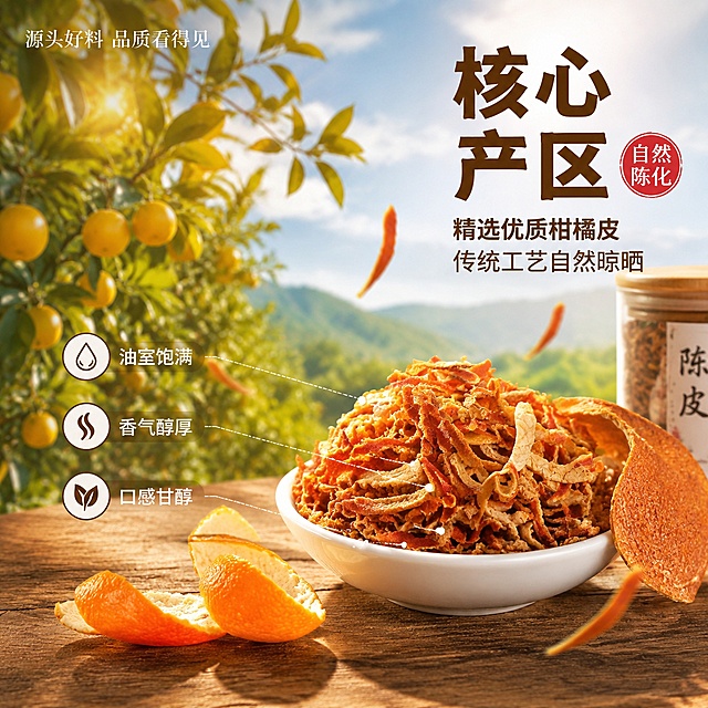 [主图-2] 陈皮产地溯源与核心亮点 信任背书图。
[氛围风格] 自然产地风融合轻奢质感，暖橙绿色调，清新自然又显品质。
[画质] 商业摄影质感，光线通透自然，细节丰富，画面高级干净。
[元素] 画面左侧为一片阳光明媚的柑橘果园远景，橙树上挂满金黄橘子，阳光透过树叶洒下斑驳光影；右侧前景是一只白瓷碗，碗中堆满饱满的陈皮丝，旁边斜放着半片完整的陈皮和几片新鲜橘子皮做对比。碗的后方隐约可见陈皮罐的一角。空中有几片陈皮丝缓缓飘落，呈动态感。背景上半部分是果园蓝天，下半部分是温暖的木质桌面。**保持陈皮丝的颜色、质感、形态与输入产品图一致，杜绝变形和色差**。商品主体（陈皮丝+碗）占比约60%。
[光影] 自然暖阳逆光从果园方向照射，陈皮丝表面呈现金棕色油润光泽；橘子表皮有鲜亮的高光；桌面有柔和的漫反射；整体光线温暖自然，有户外阳光的通透感。
[配色] 主色调暖橙、果绿；辅色金黄、米白、木棕。
[视角构图] 45度俯视视角，白瓷碗陈皮为视觉中心；果园远景虚化做背景，前景清晰，形成远近层次感。
[文字版式] 右上负空间右对齐，超大数字「核心产区」作为视觉冲击点，「核心产区」四字为深棕色粗黑体，旁边配小印章式圆框「自然陈化」红底白字。下方两行说明：「精选优质柑橘皮」「传统工艺自然晾晒」，棕色中号黑体。左侧果园上方小字「源头好料 品质看得见」，白色细体带轻微阴影。中部用极细虚线从陈皮丝引出三个标注点：「油室饱满」「香气醇厚」「口感甘醇」，每个标注配小图标。
[输出要求] 1:1比例，文字清晰锐利，超高清商业摄影质感。
[负向提示词] 变形，文字错乱，产品图模糊，背景杂乱，水印，电商平台Logo，多余的手，畸形手。