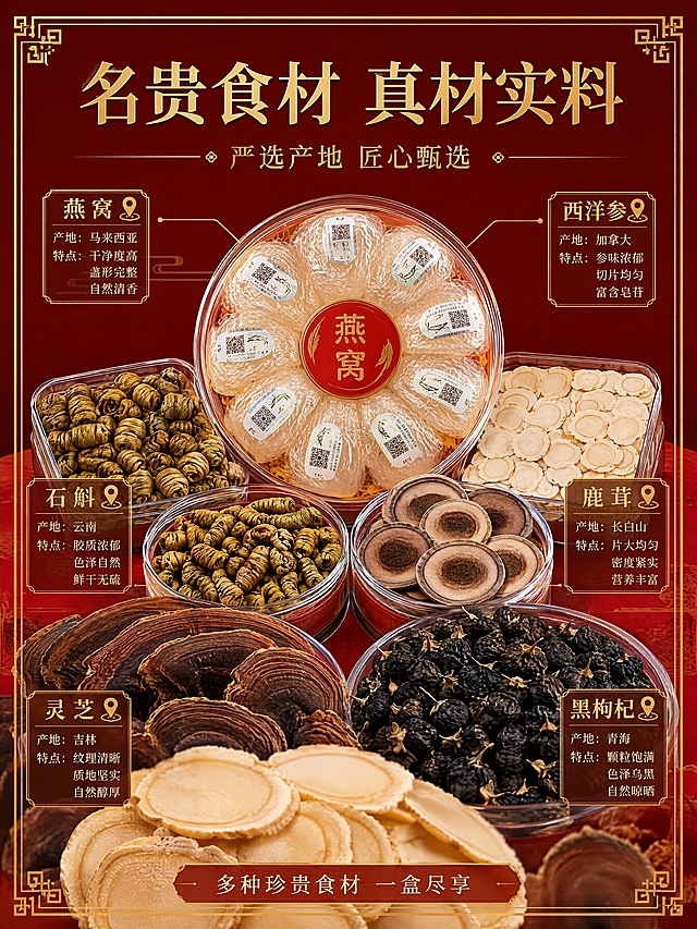 [商品] 使用【图3】五品臻品礼盒内部食材展示、【图5】福气满满五拼礼盒燕窝特写、【图6】福蝶五宝礼盒石斛特写；保留各食材真实形态、颜色、纹理，以及透明包装盒/小罐的材质质感。
[画面] 目标：食材成分专张，突出名贵食材真材实料；构图：中心放射式，中间放大石斛/燕窝/西洋参/鹿茸/灵芝/黑枸杞等食材微距特写，占画面60%以上；景别：微距特写+局部中景结合；前中后景：前景食材颗粒/切片微距满铺，中景透明小盒/小罐盛装食材，后景深红色渐变+金色描边装饰；阅读动线：从中心向四周扩散。
[视觉] 套系策略：风格=新中式高端滋补商业摄影；标题字=宋体粗体（东方雅致）；正文字=简洁黑体；主色=中国红+暖金；背景延展=深红渐变+金色回纹边框+细腻哑光质感；强调色=烫金色，仅用于标题描边、图标、引线和装饰纹样；标题色=烫金色；正文色=米白色；组件=金色细线边框、食材名称标签、产地小图标；光影=顶部柔光+侧光勾勒食材纹理，突出质感。
[文字] 顶部主标题「名贵食材 真材实料」，副标题「严选产地 匠心甄选」；画面中各食材旁配金色标签：燕窝｜石斛｜西洋参｜鹿茸｜灵芝｜黑枸杞，标注产地与特点；底部一行小字说明「多种珍贵食材 一盒尽享」；所有文字横排，食材主视觉占比≥60%。
[规格] 图片比例3:4竖版，4K分辨率，负向提示：避免变形、错字、文字过小、冷蓝背景、食材颜色失真、虚假医疗功效、极限词