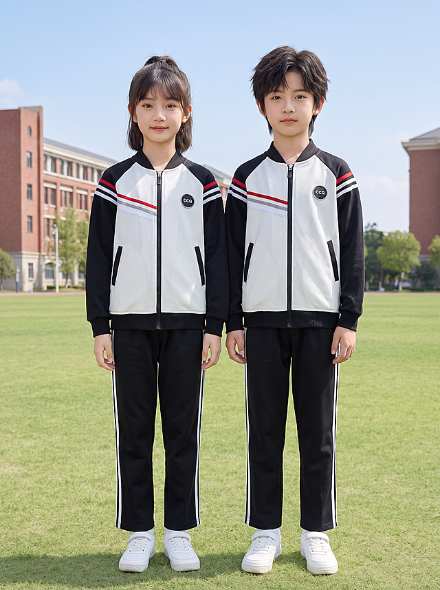 请将参考图1的【棒球服外套】与参考图2的【侧边条纹运动长裤】1:1还原其款式、颜色、材质、剪裁、图案、版型、logo等所有细节，穿到参考图4的两位儿童模特身上；完全保持参考图4模特的身姿、面部、发型、气质、动作/姿态不变（含手部位置/朝向/重心/肩线）；模特身上参考图1、2未覆盖的部位（鞋子、袜子、内搭、配饰等）严格保持参考图4原样；画面背景/光影/构图/景别严格保持参考图4原样。

超写实商业童装摄影风格，高清细腻，色彩自然真实，校园青春活力调性。

模特人物特征与参考图4保持完全一致，不做任何改动。

参考图1的棒球服外套与参考图2的侧边条纹运动长裤1:1还原所有细节（款式/颜色/材质/剪裁/图案/版型/logo）。参考图1、2未覆盖的所有部位——鞋子、袜子、内搭、配饰等——严格保持参考图4原样，保持原有画面内容与细节一致。

超高清2K画质，细节层次丰富，发丝、肌肤纹理、服装面料纹理清晰可见，色彩还原准确，饱和度自然，整体质感高级真实。

真实商业童装大片风格，自然光感，清新明亮。