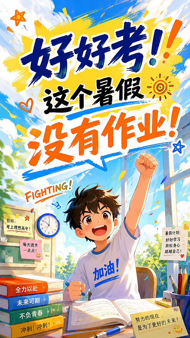 青春热血卡通风格小红书图，画面充满活力，包含文字"好好考！这个暑假没有作业！"，整体画风明亮活泼