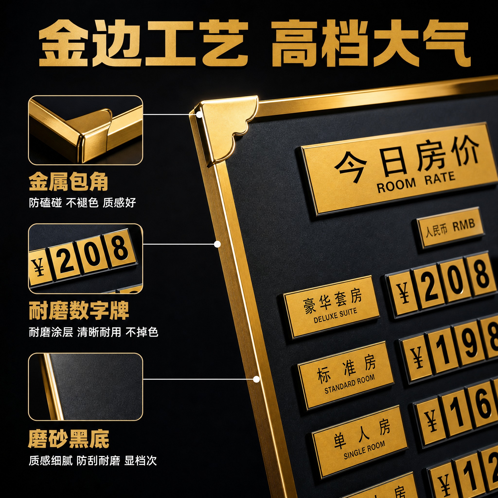 [主图-3] 材质品质细节图 突出金边工艺与耐磨数字牌的高品质… - 图片创意预览