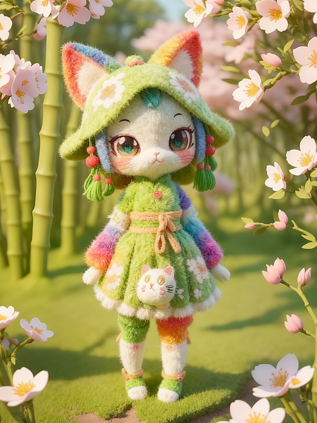 软3D风拟人猫咪，毛发生长质感，彩虹配色萌趣服饰，樱花竹林背景，梦幻清新春日氛围。