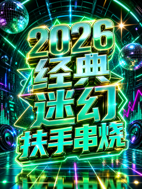 制作3:4比例的抖音视频封面，延续迷幻霓虹赛博风格，更换为青绿色霓虹背景，空间隧道透视效果，复古迪斯科氛围感，主标题大字为"2026经典迷幻扶手串烧"，使用炫酷发光立体字体，整体风格明亮动感预览效果