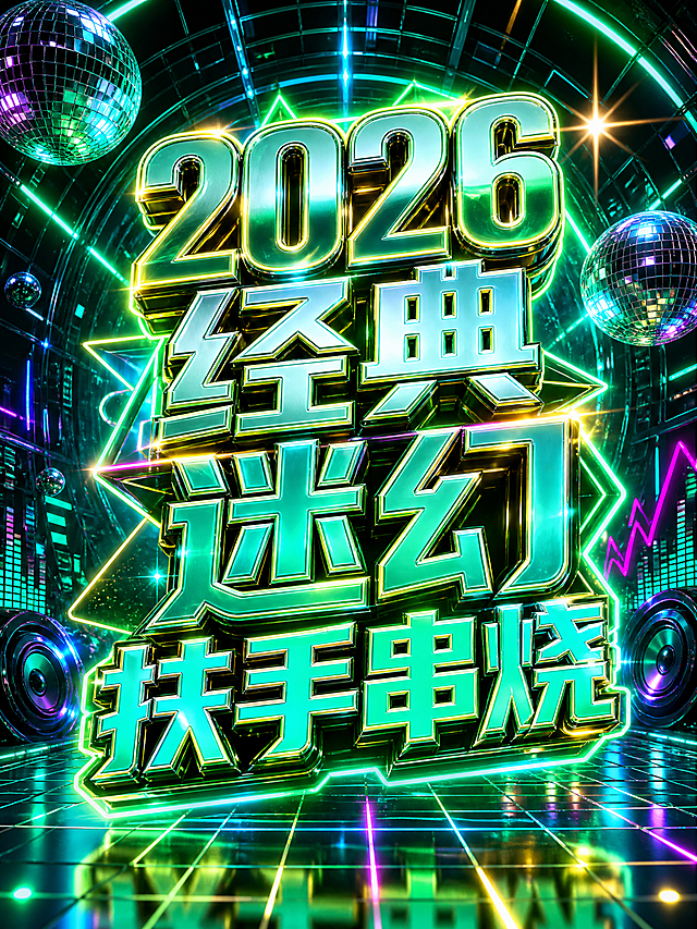 制作3:4比例的抖音视频封面，延续迷幻霓虹赛博风格，更换为青绿色霓虹背景，空间隧道透视效果，复古迪斯科氛围感，主标题大字为"2026经典迷幻扶手串烧"，使用炫酷发光立体字体，整体风格明亮动感