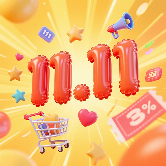 画面视觉中心为大号橙红色立体数字 “11.11”，周围环绕漂浮着彩色促销元素装饰（购物车、星星、喇叭、爱心、优惠券等），背景为渐变黄色并带有放射状光效。