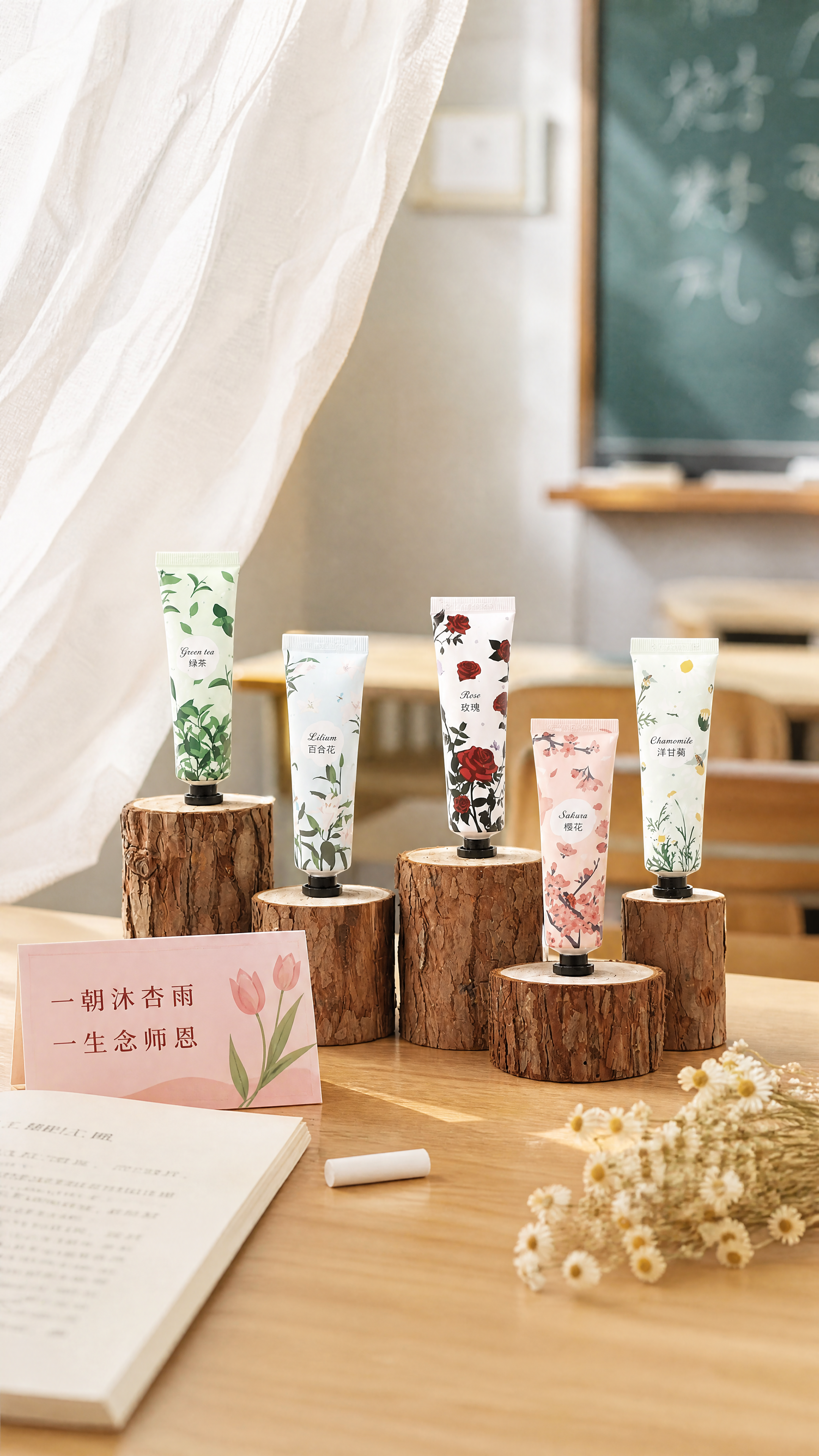 超写实电商产品摄影，教师节礼品主题。 主体：五支护手霜严格参照… - 图片创意预览
