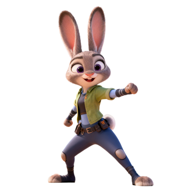 疯狂动物城2风格，兔子朱迪单人全身形象，身着便装活力满满，迪士尼3D动画风格，无遮挡预览效果