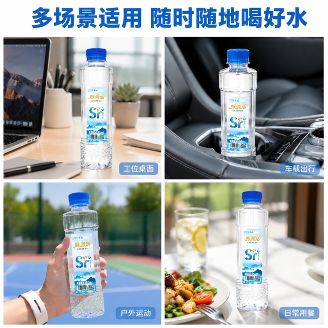 [主图-4] 脉源活矿泉水多场景适用展示。
[氛围风格] 生活化自然，真实代入感强
[画质] 商业摄影质感，自然光线，清晰真实。
[元素] 四分宫格展示四个使用场景：左上工位桌面，矿泉水放在笔记本旁；预览效果