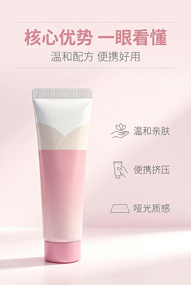 严格还原参考图的包装设计、产品配色、LOGO位置及比例、文字内容及字体、图案元素及细节，无偏差色彩不失真。画面比例为2:3竖版，高级简约风，柔粉白主色调；主标题「核心优势 一眼看懂」上1/3居中，粗体无衬线字体，柔雾粉；副标题「温和配方 便携好用」主标题下方8px居中，浅灰色；产品侧放于画面左侧中轴，右侧竖排3个极简卖点图标（温和亲肤、便携挤压、哑光质感），图标 + 精简文字左对齐，无衬线细体，画面留白60%，装饰线2条浅灰，整体清爽有序。产品与画面元素比例真实协调，1:1还原比例，视觉协调不突兀。