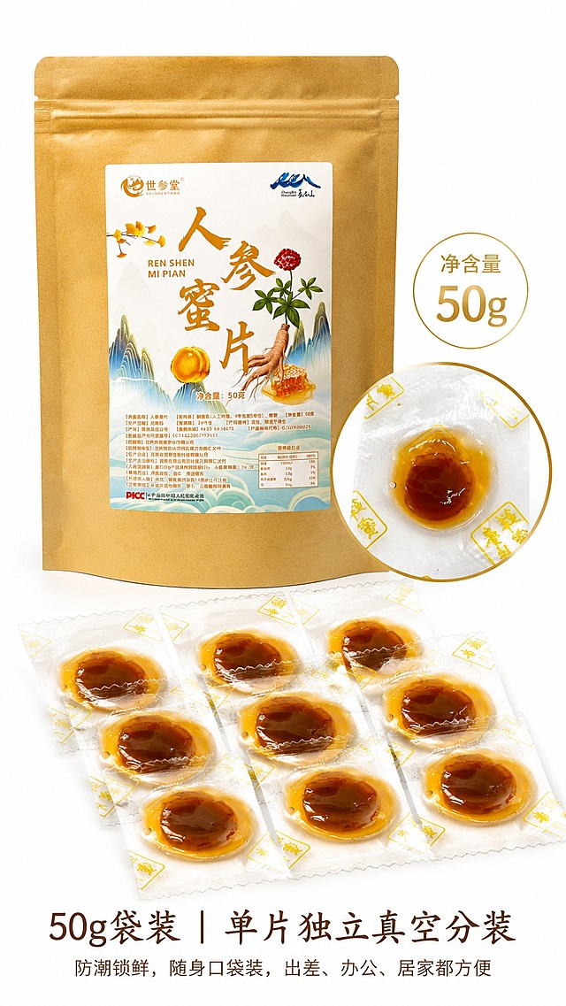 [第3屏] 详情页产品规格实拍图，人参蜜片50g袋装展示
[氛围/风格] 柔和暖金质感，简约电商风，无影棚拍质感
[元素布局] 9:16竖版平铺实拍，主体为50g牛皮纸整袋（使用图1），下方整齐摆放多片独立小蜜片（使用图2），侧边标注净含量，特写展示独立包装细节，牛皮纸包装袋占比约60%，独立小蜜片占比约30%，整体布局舒展，元素清晰
[光影质感] 柔和无影棚拍光，产品明暗均匀，包装纹理清晰，边缘自然柔和
[配色色系] 全局底色#ffffff纯白，主色牛皮纸棕黄色，辅助色金色标注，深棕色文字
[视角构图] 正面平视，产品居中，整体构图饱满不拥挤，阅读从上到下
[文字版式] 底部文字主标题「50g袋装｜单片独立真空分装」，副标题「防潮锁鲜，随身口袋装，出差、办公、居家都方便」，使用温润书法感字体，字色统一为深棕色，排版简洁，不遮挡产品主体
[比例分辨率] 9:16竖版，4K分辨率，文字清晰可辨，高清画质
[负向提示词] 变形，水印，文字错乱，文字过小，缺件错件，结构错误，颜色偏差，包装文字错乱，产品图模糊
