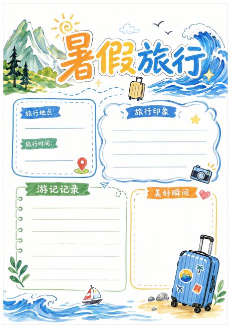 白底手绘马克笔风格，山川海浪行李箱元素装饰，主标题“暑假旅行”，版式精美，预留游记填写区域，清晰干净，整体清爽活泼，符合A4尺寸，四边留安全边距预览效果