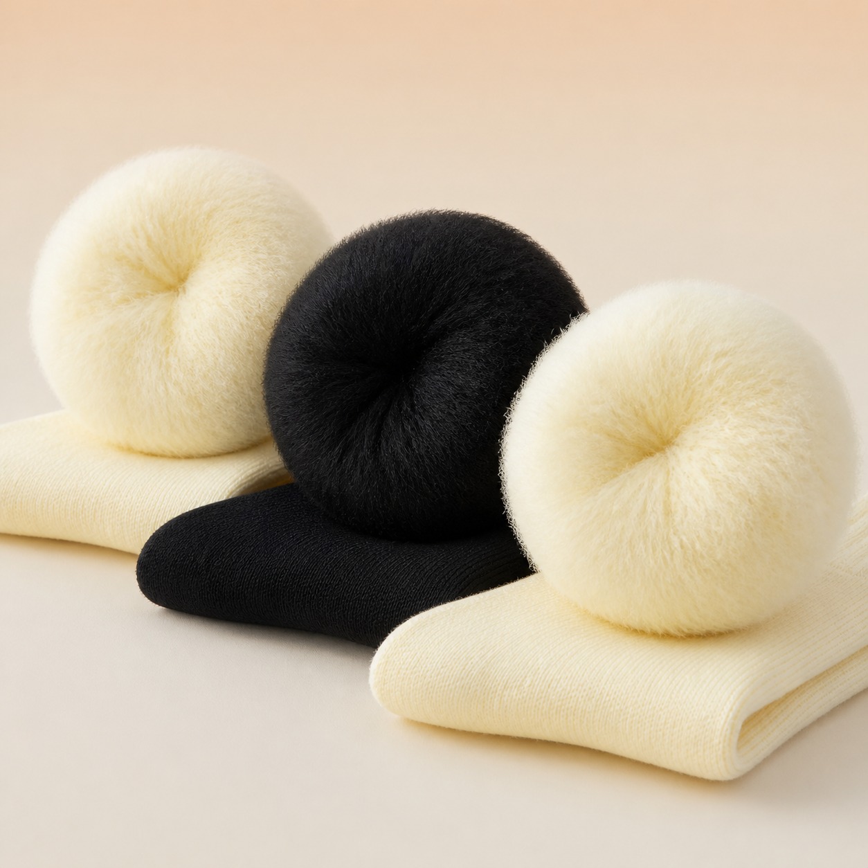 将图片1的3个毛球和下面的袜子换成2个奶白色、1个黑色。奶白色… - 图片创意预览