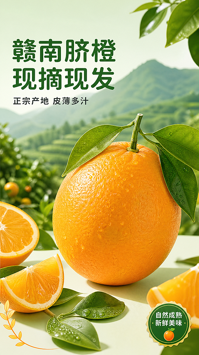 [第1屏] 详情页焦点图头图-赣南脐橙新品宣传海报。
[氛围/风格] 自然清新风，绿色橙黄撞色，新鲜产地生鲜摄影质感，画面明快诱人。
[元素布局] 完整赣南脐橙放在画面中下区域，占据画面65%-70%主体大小。保持橙黄色果皮、椭圆形果型、带新鲜果蒂叶片的外观结构与质感。背景上方为渐变浅绿，融入赣南青山茶园远景虚化，前景底部加入新鲜橙叶和切开的橙瓣切片作为装饰，整体自然饱满，保持产品轮廓清晰，果皮带自然光泽纹理。
[光影质感] 左上方柔光主光照亮脐橙果皮，右下角形成自然柔和投影，果皮油胞纹理清晰，整体明亮通透，产品边缘真实自然。
[配色色系] 全局底色：#F2F9F1（浅绿）；主体配色：#F2994A（脐橙橙黄）+#2C6E3A（深绿叶色）+#88B04B（浅绿背景）；辅助色：#FFFFFF（白字）+#333333（深标题）。
[视角构图] 正面微俯视，主体脐橙位于中下区域偏右，左上区域完整留给标题，背景干净清新有自然设计感，层次分明。
[文字版式] 上半部分左上大标题+副标题+右侧产品主体+底部装饰，整体排版。主标题 "赣南脐橙 现摘现发"，两行深绿色字，左对齐，字号占画面宽度8%-10%，不超过顶部区域高度25%。副标题 "正宗产地 皮薄多汁"，深灰色小字，主标题下方，字号约主标题35%。主标题右侧留白，左下角点缀橙色叶片装饰框，右下角放置小卖点标识。文字不遮挡主体脐橙。字形选择圆角黑体，字色使用深绿和深灰两种，纯色填充。
[比例分辨率] 9:16竖版比例，4K分辨率，文字清晰可辨，超高清。
[负向提示词] 脐橙变形，果皮颜色偏差，叶片缺失，果蒂结构错误，水印，文字错乱，产品模糊，背景杂乱，过度修饰。