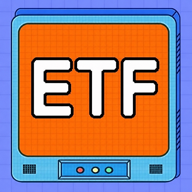 将图片中的文字“量比”替换为“ETF”，保持原有的像素风格字体、字体大小、位置、颜色（白色带黑色描边）以及整体画面风格和布局不变，其他元素完全保留