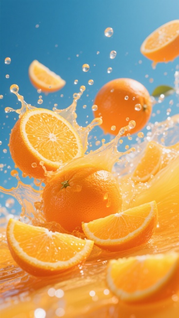 一张以橙汁为背景的海报设计，画面中充满了新鲜多汁的橙子，有完整的橙子、被切成两半的橙子和切成薄片的橙片，橙子的橙色鲜艳饱满，表面光滑且带有自然的纹理。橙汁从橙子中飞溅而出，形成晶莹剔透的水花和水珠，水花在空中呈现出动态的形态，水珠在光线的照射下闪闪发光，充满了活力和动感。整体色调以明亮的橙色为主，营造出清新、清爽、充满活力的氛围，让人感受到橙汁的新鲜和美味。预览效果