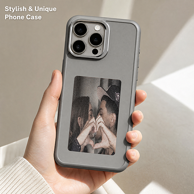 800x800 square lifestyle image for AliExpress. Daily perspective shot: a young European hand holding a mobile phone installed with matte grey 3-color e-ink phone case. The e-ink screen on the case back displays personalized couple photo, showing the customization effect. Natural real shooting style, no exaggerated filter, natural daylight. Top left small bold white text: "Stylish & Unique Phone Case". Simple light neutral background, soft natural light, comfortable visual sense, fit for global buyers aesthetic. Product appearance consistent with original image, matte texture clear, 3-color e-ink display clearly visible. 1:1 800x800 square, all text English no Chinese, high definition, no extra clutter. Negative prompt: deformation, watermark, text confusion, blurry image, over-filtered, Chinese characters, messy background.