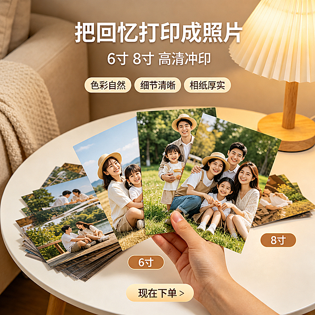 基于这张图片进行修改：1. 将手中拿着的3张照片的白色留白边框全部去掉，让照片内容铺满整个相纸，实现满版无边距效果，照片内容自然延伸填满整张相纸，没有任何白边。2. 手中拿着的3张照片整体放大一些，呈现6寸照片的真实大小比例，照片的倾斜角度和叠放顺序保持不变。3. 桌面上散落的其他照片也同样去掉白边，让内容铺满相纸。4. 保持背景环境不变：米色沙发、白色小圆桌、木质台灯、温暖的室内光线全部保留。5. 保持所有文字不变：顶部的"把回忆打印成照片"大标题、"6寸8寸 高清冲印"副标题、三个卖点标签"色彩自然 细节清晰 相纸厚实"、底部的"6寸""8寸"标注和"现在下单"按钮全部原样保留。6. 手部的姿势和位置保持自然，手指捏着照片边缘的接触关系真实自然。整体画面构图、光影、色调保持一致，只修改照片的白边和手中3张照片的大小。