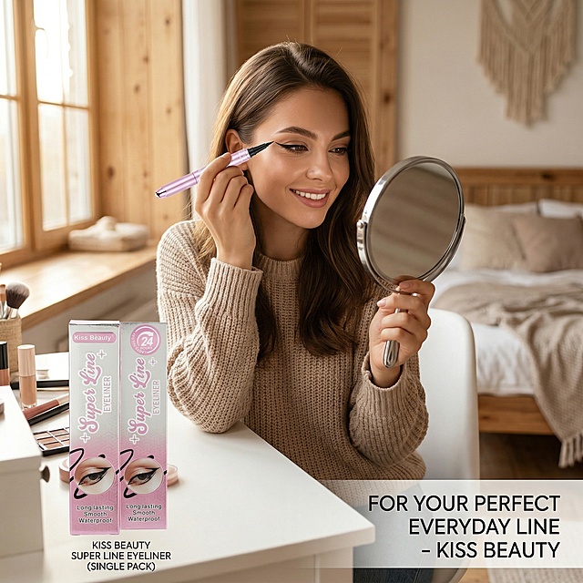 Generate a lifestyle scene image for "Kiss Beauty Super Line Eyeliner (Single Pack)", a young woman is using this eyeliner to apply eye makeup on her face, real daily makeup scenario, natural lighting, warm atmosphere, make customers have a sense of substitution, all text description is in English, commercial photography style, high definition.