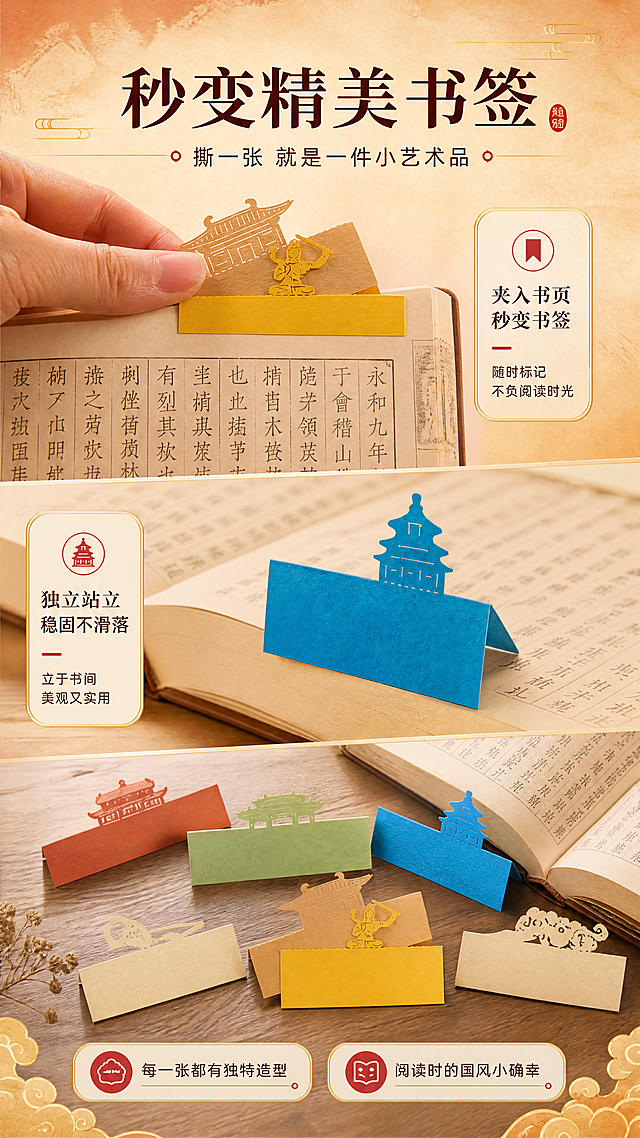[商品] 使用【图2】【图3】书签造型便签；保留黄色古建筑屋顶造型便签、人物纸雕图案、蓝色天坛造型折叠便签的结构与颜色，便签纸张质感与镂空雕刻细节完全保真，不改变造型比例。
[画面] 页面目标：核心卖点——可做书签，一物多用。构图：上中下三层布局，上方展示手指捏着黄色古建筑便签当作书签夹进书页的特写；中部展示蓝色天坛造型便签立在书页间的效果；下方散落多款不同造型的纸雕便签书签；背景为摊开的古籍书页与暖木色桌面；阅读动线从上至下，标题在顶部。
[视觉] 套系策略：风格=国潮新中式商业摄影，精致纸艺质感；标题字=宋体加粗带衬线，国风典雅；正文字=现代无衬线中黑体，清晰易读；主色=暖橙橘色；背景延展=基于暖橙做深浅渐变、宣纸纹理、古金描边质感；强调色=朱砂红，仅用于小面积图标、引线、标签点缀；标题色=深赭石色；正文色=深棕灰色；组件=圆角金边信息卡、细线引线、祥云纹样点缀；光影=左前侧暖金色柔光，书页纹理清晰，纸雕边缘锐利。
[文字] 顶部主标题"秒变精美书签"，副标题"撕一张 就是一件小艺术品"，底部配2个卖点："每一张都有独特造型"、"阅读时的国风小确幸"，文字全部横排，不遮挡书签主体造型。
[规格] 图片比例9:16竖版，4K，负向提示：避免变形、错字、文字过小、冷蓝背景、便签造型失真、颜色改变。