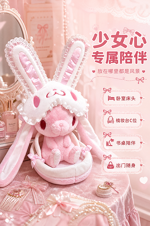 [商品] 使用【图1】JCKNBJ泛用兔粉色兔子玩偶；保留粉色毛绒主体、白色蕾丝长耳、缎面粉色内耳、兔子眼罩、摇篮底座、蝴蝶结的完整结构和颜色；自然摆放于场景中，增强毛绒质感和蕾丝细节。
[画面] 目标：场景种草，少女心卧室沉浸式氛围。构图：左图右文，玩偶放置在画面左侧梳妆台上，占画面50%。景别：中景。前中后景：前景为粉色丝绒桌布，中景为玩偶+梳妆台（含镜子、香水瓶、发夹等少女心小物），后景为粉色窗帘柔化。阅读动线：从左到右，从上到下。
[视觉] 套系策略：风格=甜酷少女风中古娃娃商业摄影；标题字=圆润圆角粗黑体；正文字=纤细圆角无衬线体；主色=樱花粉+奶白色；背景延展=基于粉白做渐变晕染、蕾丝暗纹、柔焦光斑层次；强调色=酒红色，仅用于小面积图标、引线和标签点缀；标题色=深粉色；正文色=灰粉色；组件=圆角蕾丝边信息卡、波浪形引线、蝴蝶结装饰元素；光影=左前侧柔暖粉色光，右侧补光，整体柔光梦幻感。
[文字] 画面右侧上方主标题"少女心专属陪伴"，副标题"放在哪里都是风景"，下方4个场景标签"卧室床头""梳妆台C位""书桌陪伴""出门随身"，文字区位于右侧留白，不遮挡玩偶。
[规格] 图片比例2:3竖版，4K，避免变形、错字、文字过小、冷蓝/蓝灰背景、商品颜色改变、结构缺失。