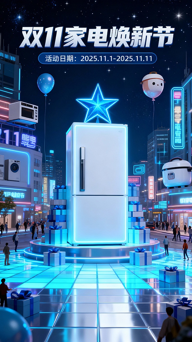 赛博朋克风3D场景，霓虹灯辉映未来都市，家电悬浮于梦幻光影中，金属质感与体积感交织，营造酷炫科技感促销氛围。