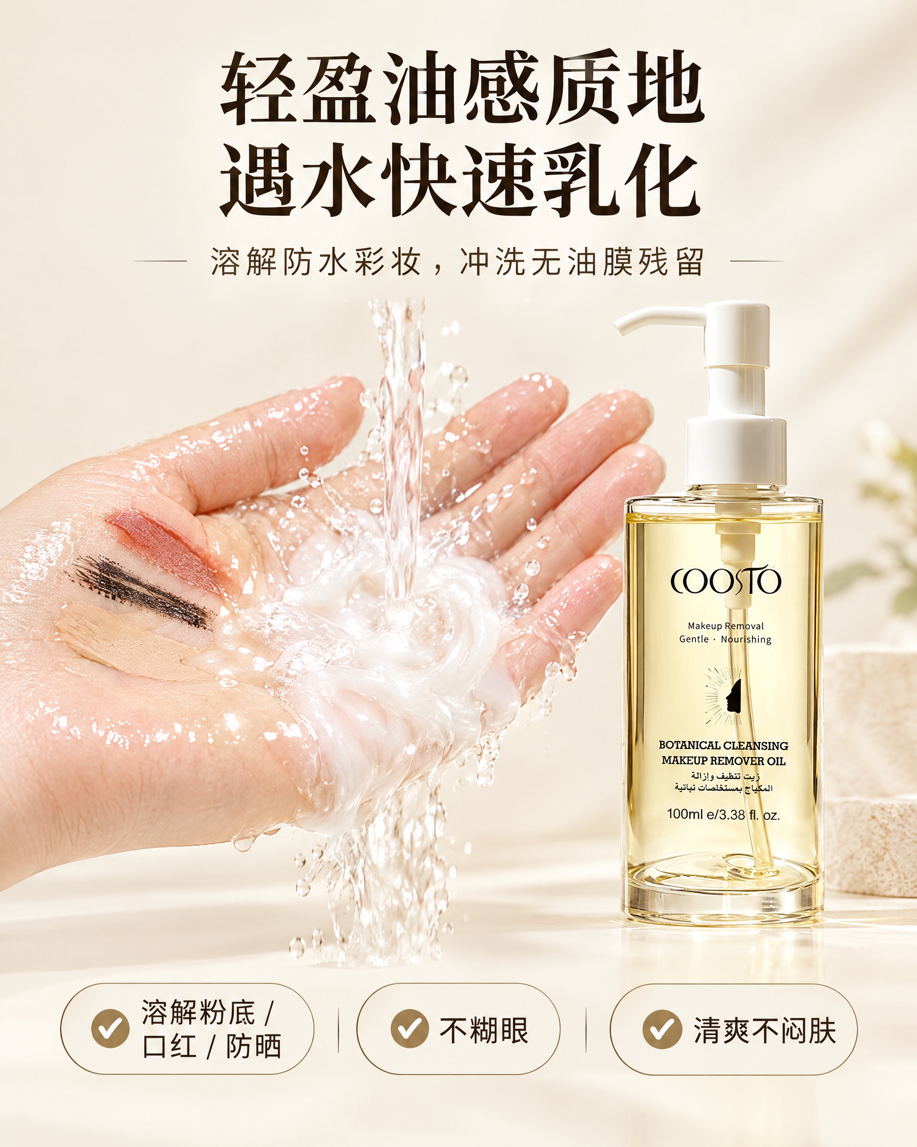 电商主图第二张，COOSTO植萃净澈卸妆油质地乳化展示图，画面… - 图片创意预览