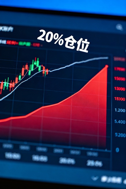「20% 仓位持仓截图」（ K 线 + 账户余额稳定s上涨红色曲线)预览效果