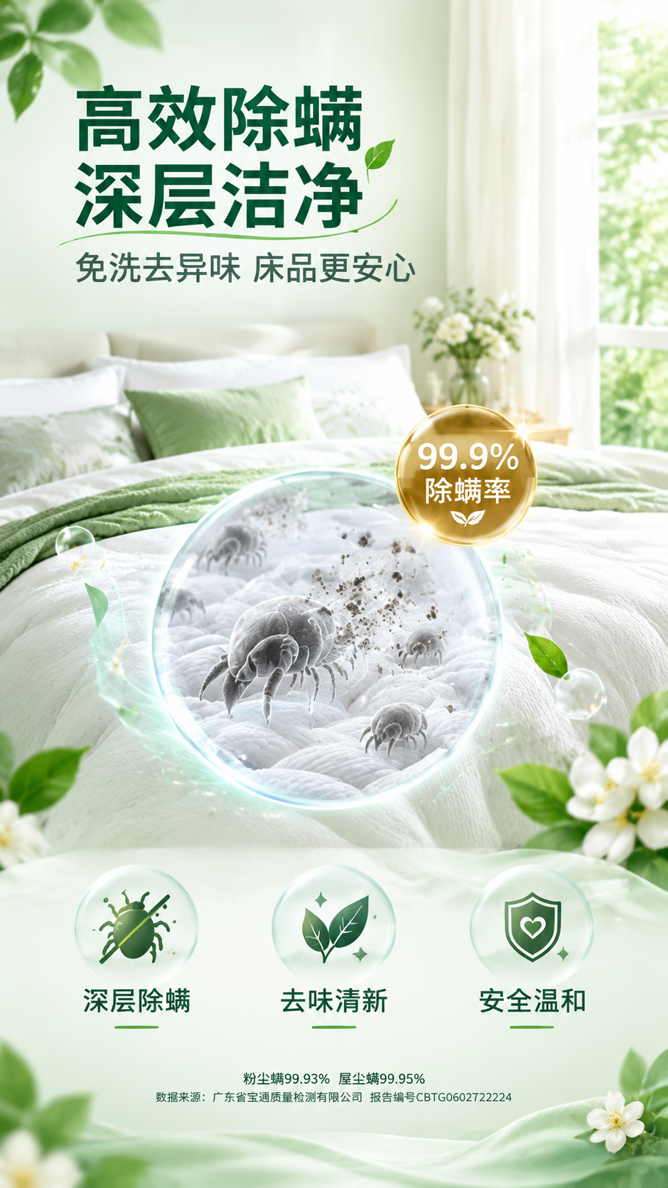 [画面] 目标：除螨数据页，参考图2的场景+机理小窗+底部三卖… - 图片创意预览